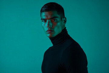 Fashionable Mens Black Turtleneck with Solid Neon Teal High Energy Fashion Lifestyle Portrait Background