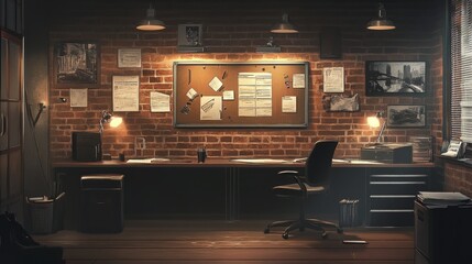 Detective office interior with evidence board on wall 