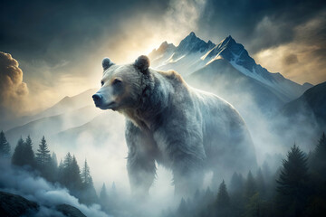 A bear is standing in a forest with mountains in the background. The bear is large and white, and it is in a misty, foggy atmosphere. Scene is mysterious and serene
