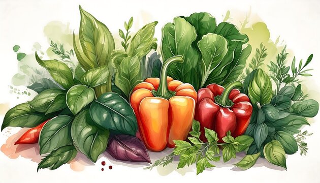 watercolor peppers and herbs, fresh food, still life clip art preview