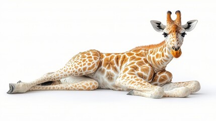 Giraffe in a resting position, emphasizing its unique body shape on a white background