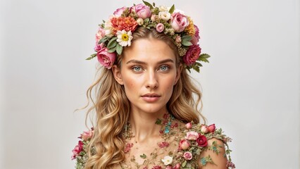 Naklejka premium Elegant Woman with Pink and White Floral Crown, Neutral Background