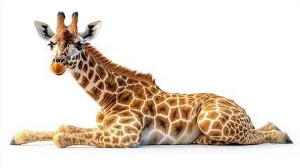 Obraz premium Giraffe sitting down with its neck curved elegantly on a white background