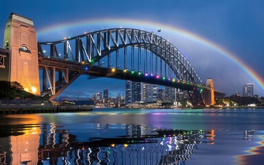 Obraz premium Sydney Harbour Bridge with a Vibrant Rainbow Arching Overhead
