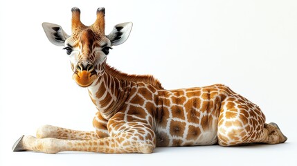 Obraz premium Giraffe sitting with a serene expression and its long neck gracefully extended on a white background