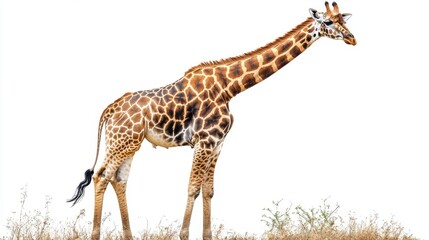 Fototapeta premium Giraffe standing tall with its long neck extended against a white background
