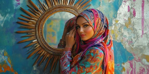 Woman in colorful hijab poses by ornate mirror.