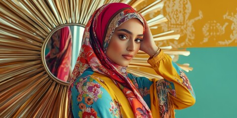 Woman in colorful hijab and dress, posing against golden mirror.