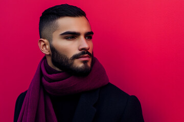 Obraz premium Chic Mens Burgundy Scarf with Solid Neon Coral Contemporary Lifestyle Portrait Background