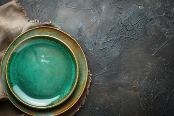 Top down view of empty rustic green plate on dark rough table with copy space Executed for menu recipe background or flat lay