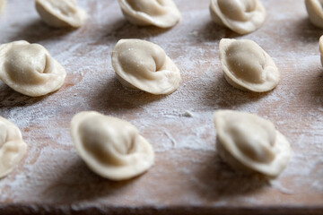 The raw dumplings were placed on a wooden cooking board, sprinkled with flour. The filling is minced meat, potatoes, cheese or cottage cheese. A semi-finished product, ready for cooking.