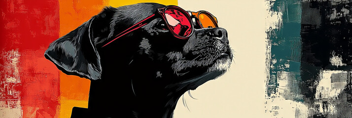 Cool black dog wearing sunglasses, looking up, with a colorful abstract background.
