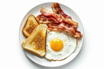 Top view of a plate with a tasty fried egg bacon and toast on a white background