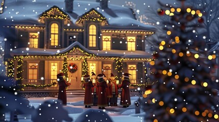 Obraz premium Christmas Carolers Singing in Front of a Snowy House