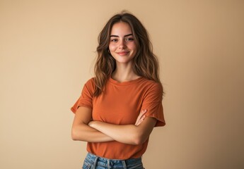 Obraz premium happy, smiling young woman standing with her arms crossed, looking at the camera