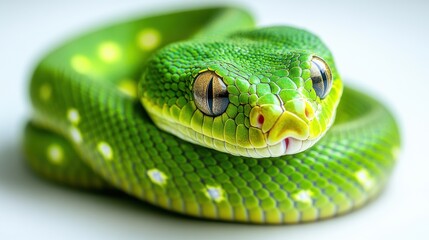 Fototapeta premium Green snake slithering on white background