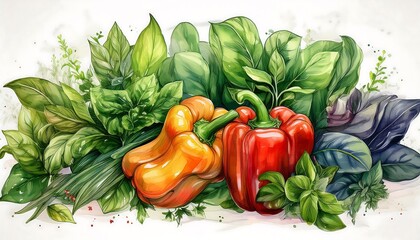 Vegan watercolor artwork showcasing a beautifully detailed botanical illustration of various vegetables. Graphic clip art illustration. Ai generative