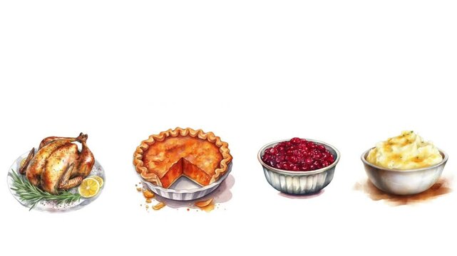 Video watercolor illustration of traditional Thanksgiving dishes roasted turkey on plate garnished with rosemary and lemon slices, mashed potatoes, cranberry sauce, pumpkin pie. Holiday meal concept