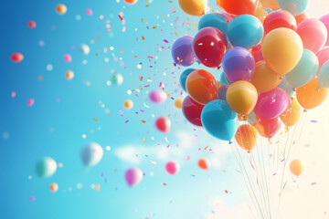 Fototapeta premium Colorful balloons float joyfully against a bright blue sky, celebrating a cheerful occasion