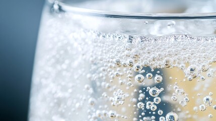 Bubbles in Sparkling Water, a close-up view showcasing the delicate textures and patterns of foamy bubbles in a minimalist setting, emphasizing clarity and simplicity