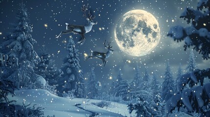 Reindeer Flying Through a Snowy Winter Night with a Full Moon