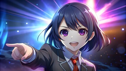 image of a female cartoon student pointing. smile face with sunglass. anime art.