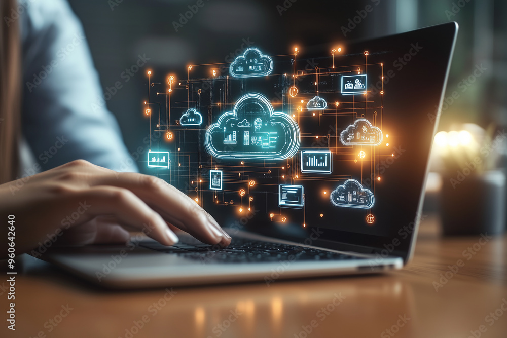 Poster exploring cloud technology on a laptop with digital data representations in a cozy workspace