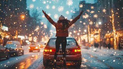 A woman jumping with joy next to her new car, which is covered in festive New Year’s lights, with city fireworks in the sky