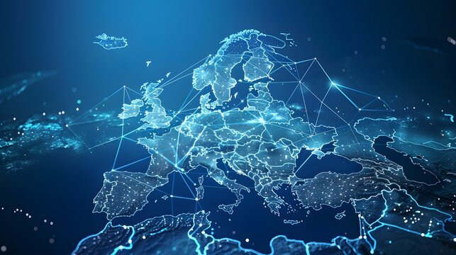 Abstract network grid with data transfer lines and nodes on europe map
