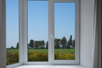 View from the window of the room on the park with green trees.