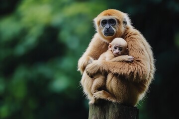 Naklejka premium A graceful gibbon mother holds her baby close in a breathtaking setting. This heartwarming image radiates warmth and love. Perfect for nature lovers. Generative AI