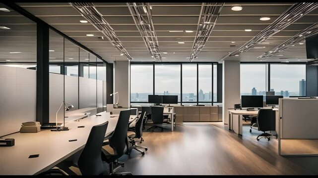 A modern office space featuring sleek furniture, city views, and abundant natural light, ideal for professional productivity.