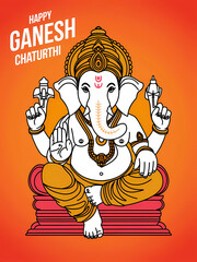 Naklejka premium A single line drawing of Hindu lord Ganesh with a happy ganesh chaturthi text written on abstract background, graphic design illustration wallpaper 