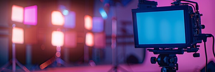 A camera is set up in front of a colorful backdrop