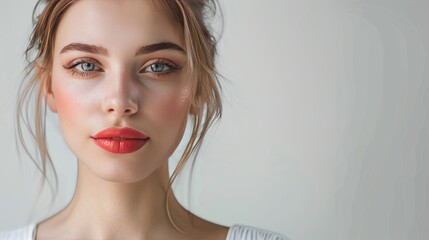 A woman with red lipstick and a blue eye shadow