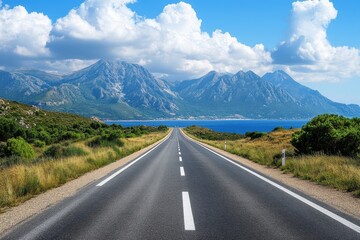 highway with white lines, a sea and sky background