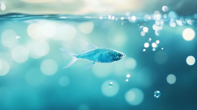Serene Fish in Crystal Waters, Fish gliding gracefully through sparkling bubbles in a pristine ocean, minimalist backdrop enhances tranquility and freedom in the aquatic scene