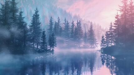 a lake in the middle of misty magical forest