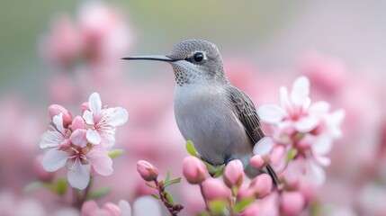 Obraz premium Hummingbird perched on a flower, with a focus on the delicate interaction on a white background