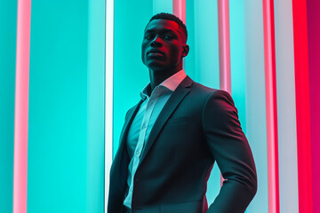 Mens Dark Gray Suit with Solid Neon Aqua Fashionable Portrait Featuring a Dark Gray Suit with Neon Aqua Accents