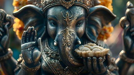 Fototapeta premium Close Up of Hindu God Ganesha Statue with Offerings