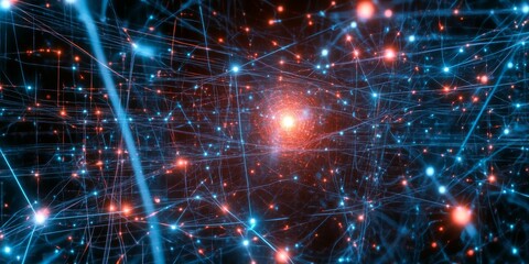 Obraz premium Blue and red lines connect glowing points.