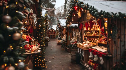 Festive Christmas Market Stalls with Decorations and Lights