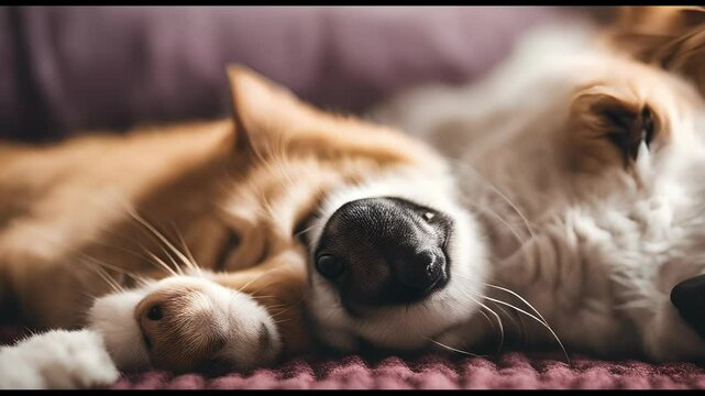 A close-up of two pets sleeping together, highlighting their comfort and companionship in a cozy home environment.