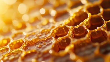 Macrophotograph of bees on honeycombs that are filled with natural and healthy honey