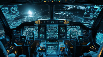 Depict a high-tech cockpit with digital displays, augmented reality controls, and advanced autopilot systems. Show the pilots interacting with holographic interfaces and real-time data displays.