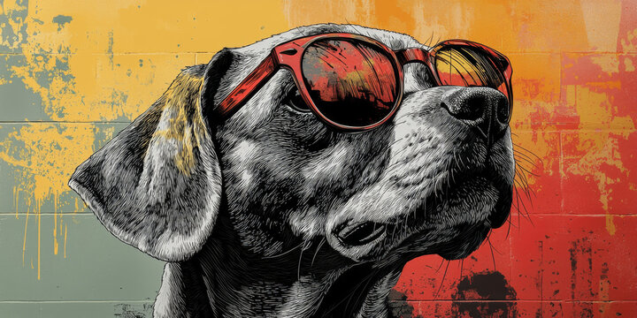 Cool dog with red sunglasses against a colorful wall.