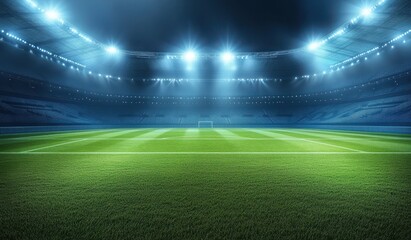 large stadium with lights shining on the green grass, stands filled with fans, and an empty field