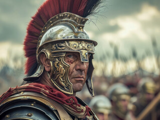 Primus pilus leading soldiers into battle with fierce expression