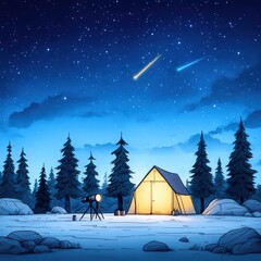 Fototapeta premium A serene camping scene under a starry night sky, featuring a tent, telescope, and shooting stars amidst tall pine trees.